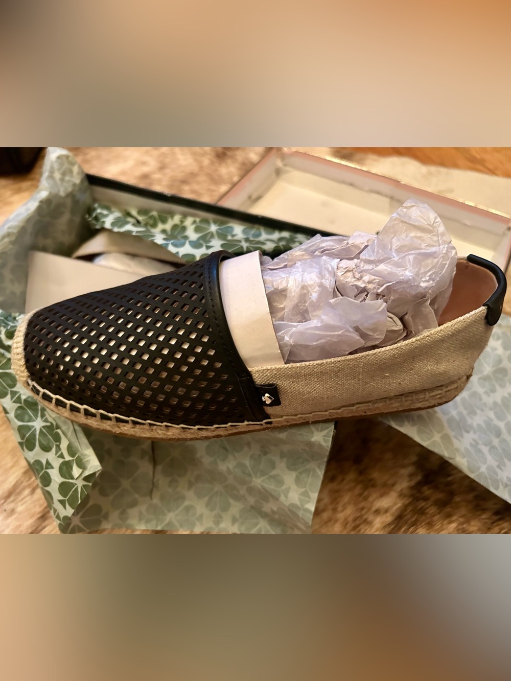 kate spade Black and Natural Perforated Espadrille Slip-On